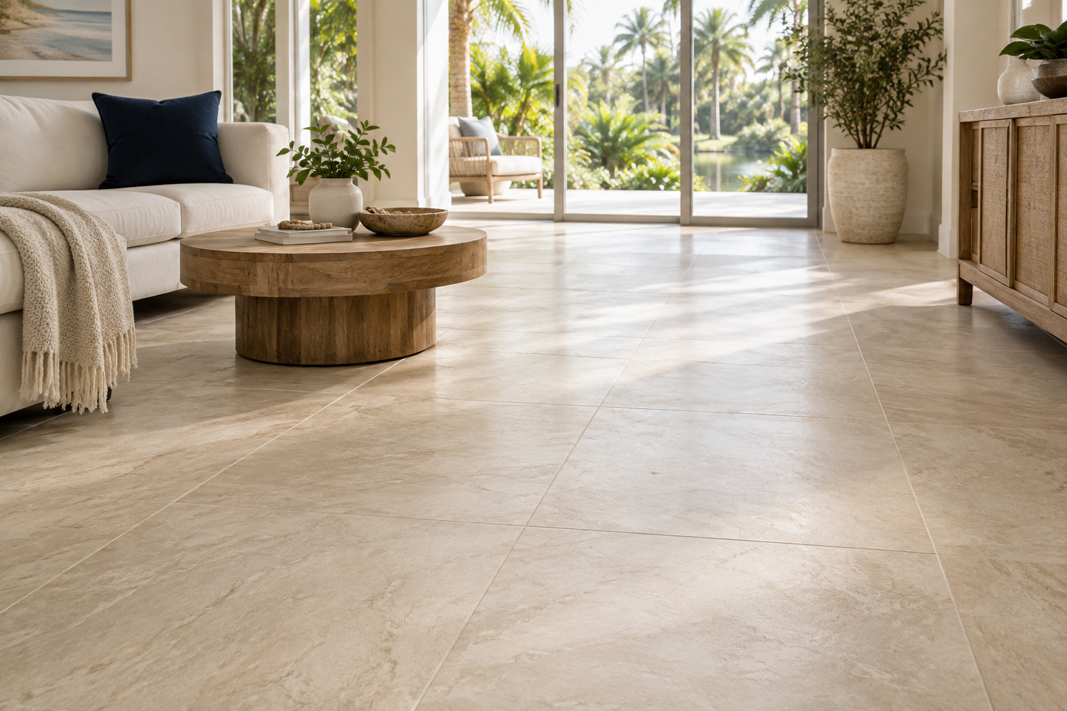 Sunlit living room with warm neutral tile flooring and a view of a Florida patio